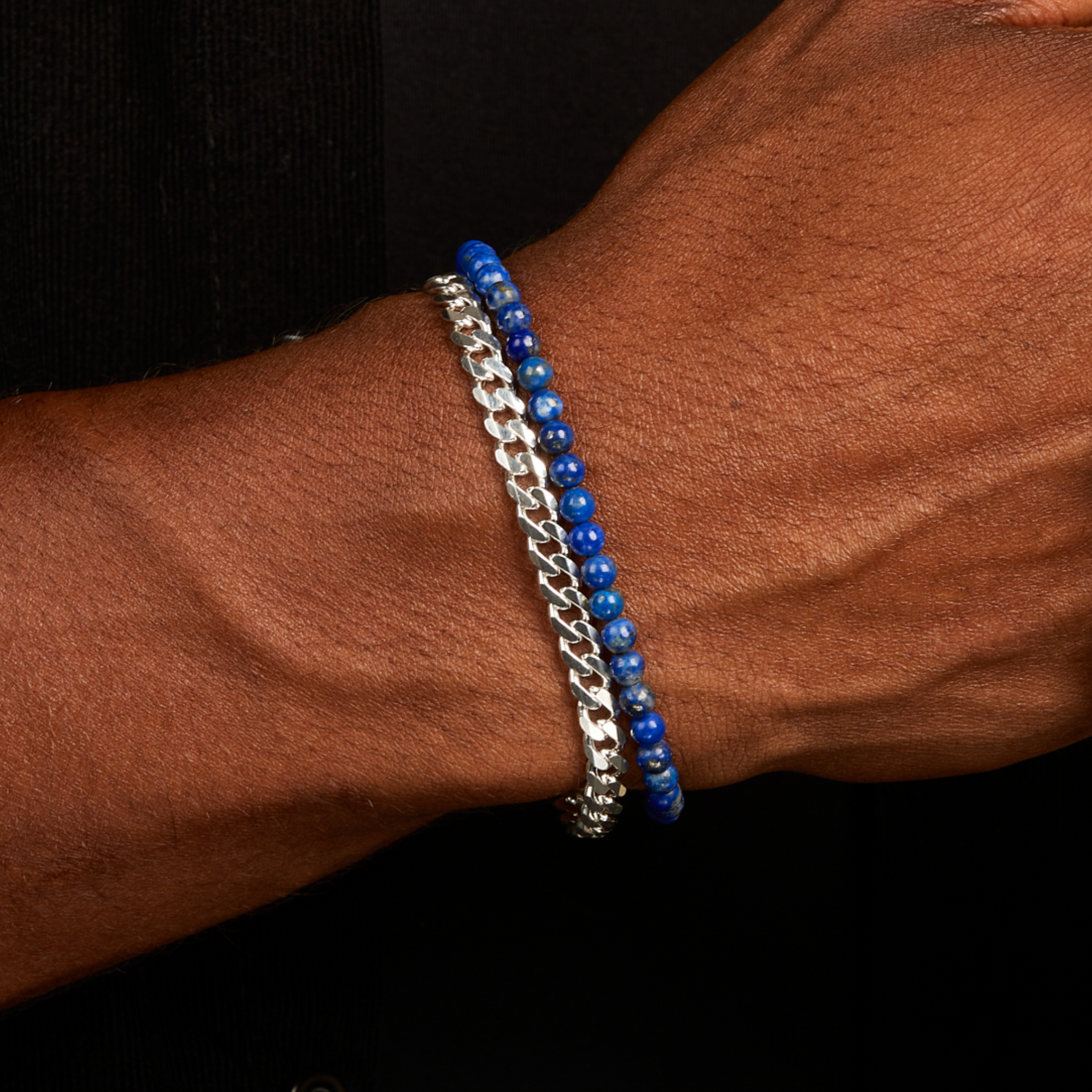 4mm Blue Lapis Beaded Bracelet with Sterling Silver Curb Chain