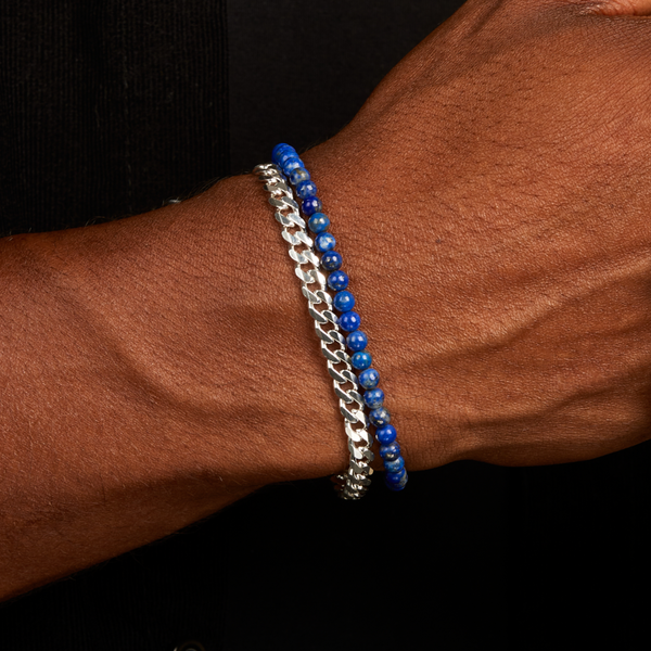 【 MANSSION】Blue Lapis + Curb Stackブレスレットセット 4mm Blue Lapis Beaded Bracelet with Sterling Silver Curb