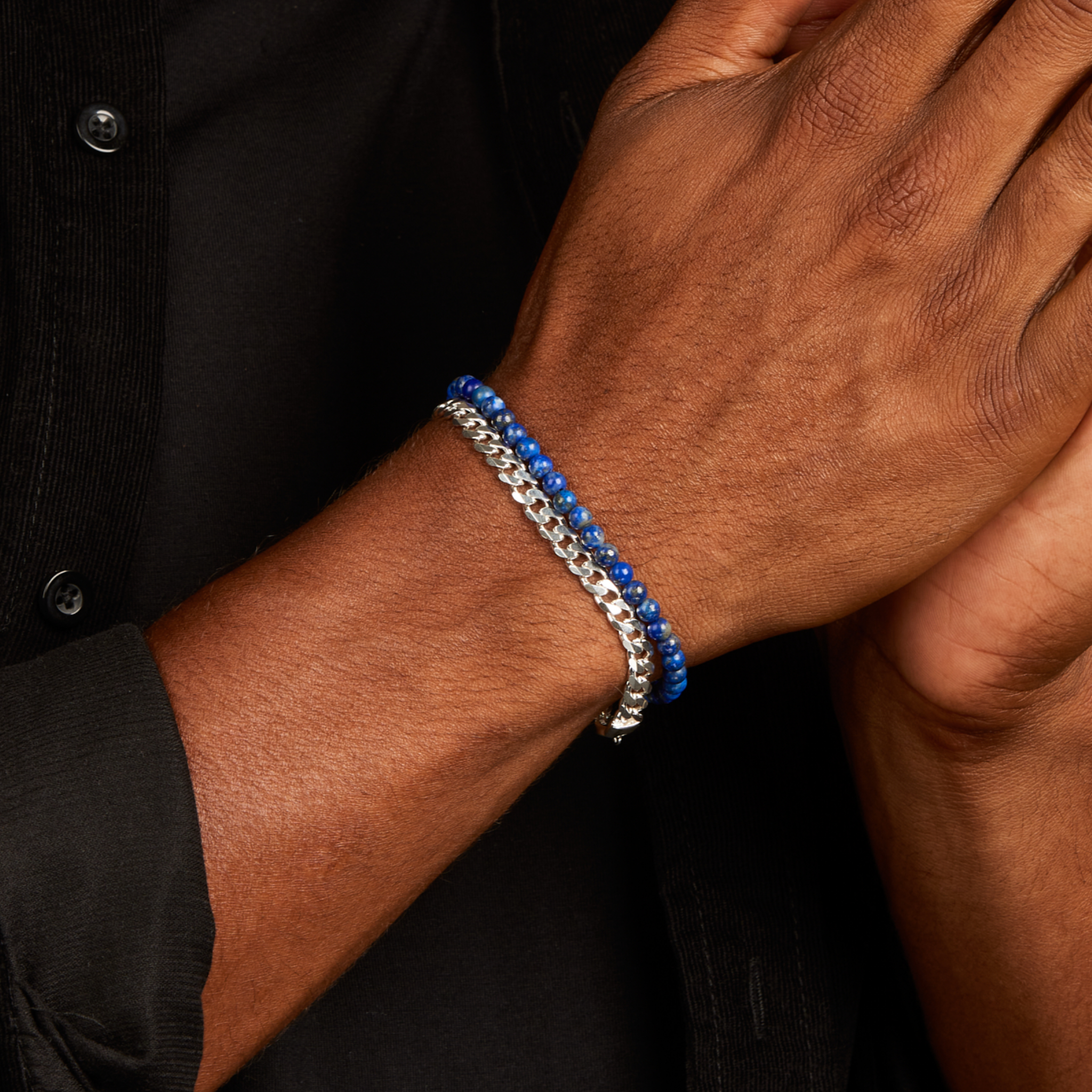 【 MANSSION】Blue Lapis + Curb Stackブレスレットセット 4mm Blue Lapis Beaded Bracelet with Sterling Silver Curb